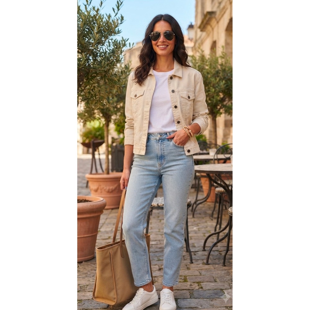 Jessi Lee Linen Cotton Blend Button Front Trucker Jacket Cream Beige Medium